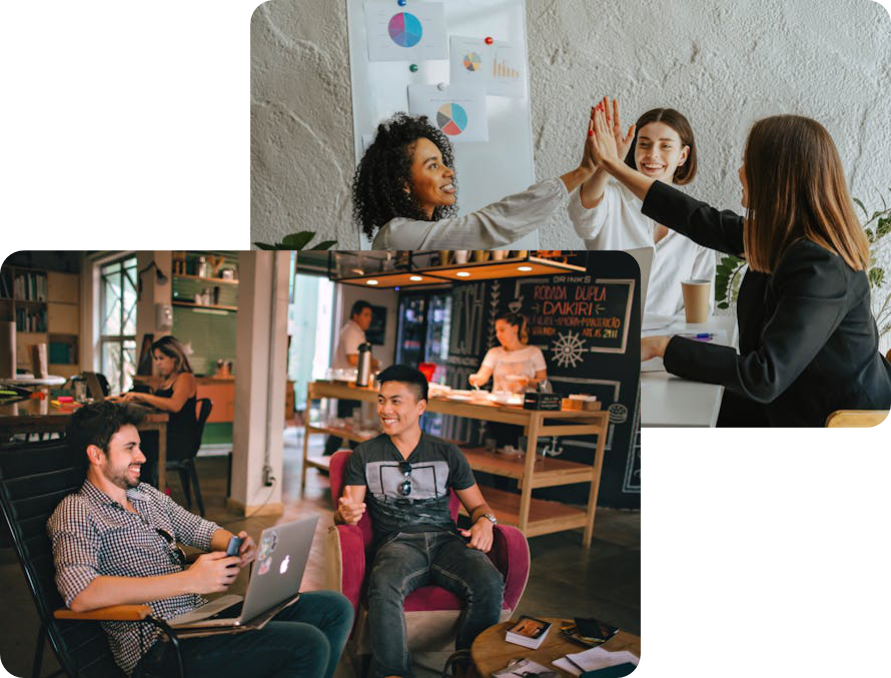 Two images of programmers chatting in a coworking space